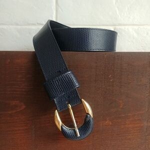 Vintage Ceinture Emmanuel Navy Blue Gold Genuine Iguana Lizard Leather B…